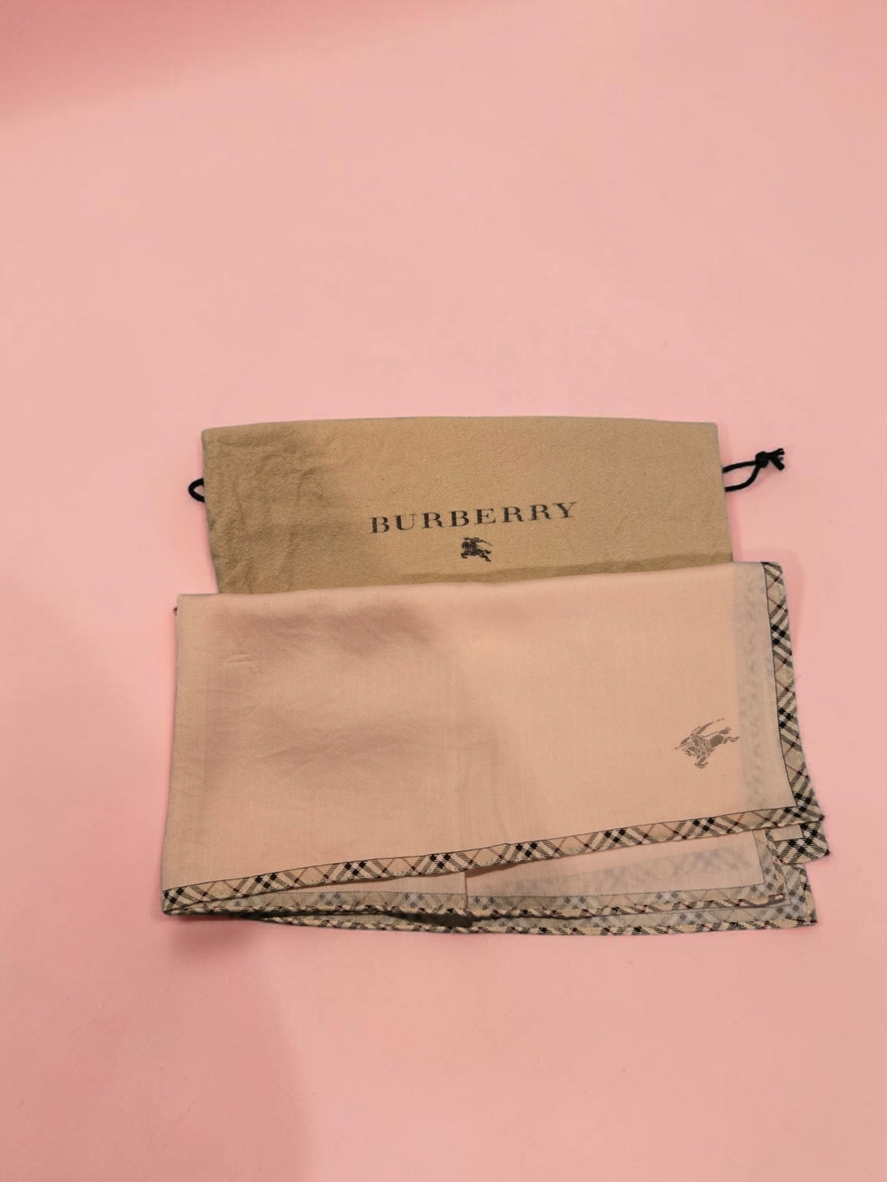 Burberry Pale Pink Silk Scarf with Check Trim 19 By 19